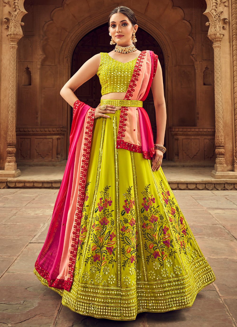 Lehenga Choli Georgette Green Embroidered Lehenga Choli