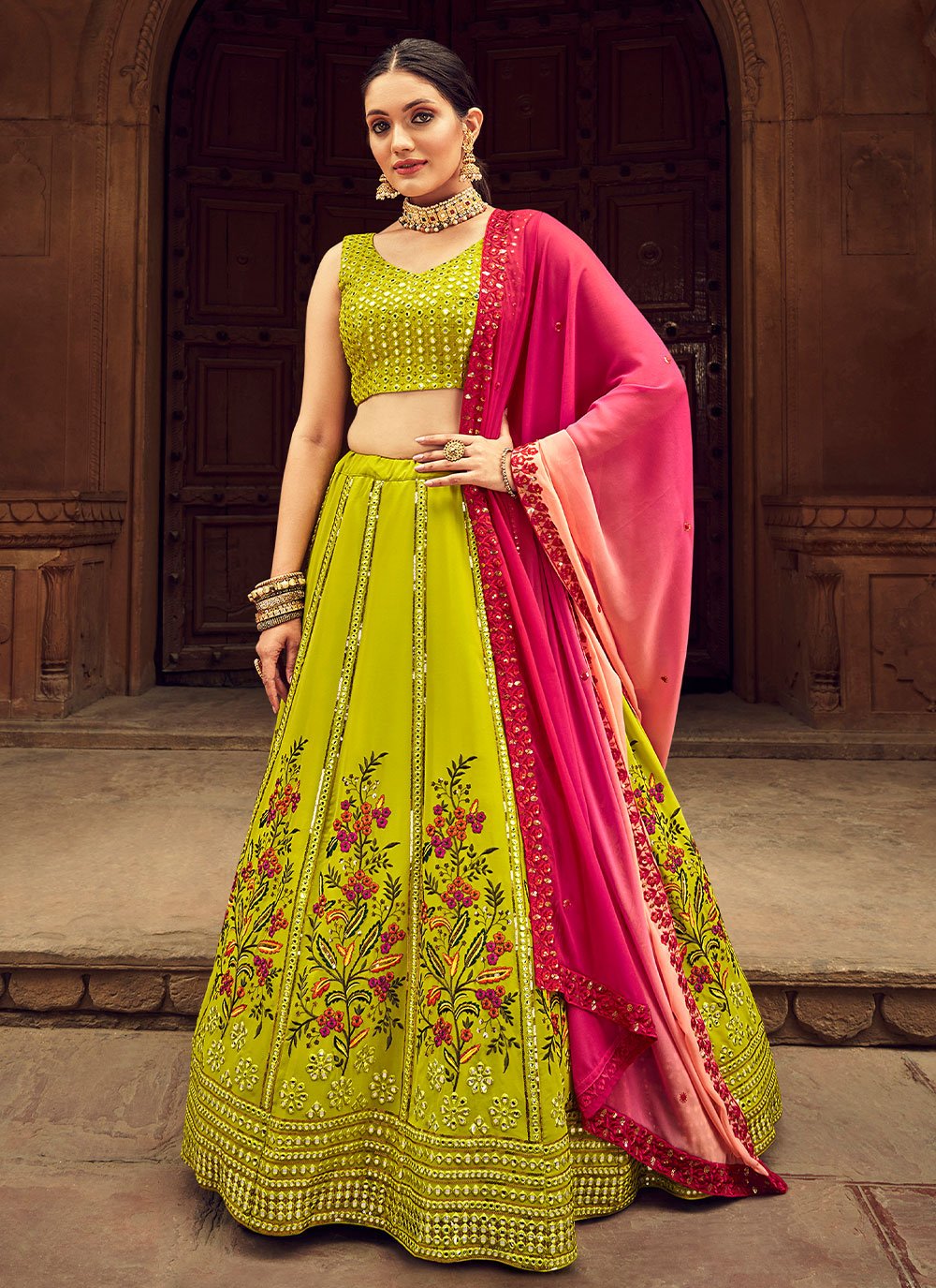 Lehenga Choli Georgette Green Embroidered Lehenga Choli