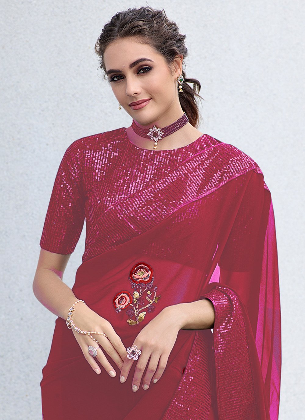 Classic Georgette Hot Pink Embroidered Saree