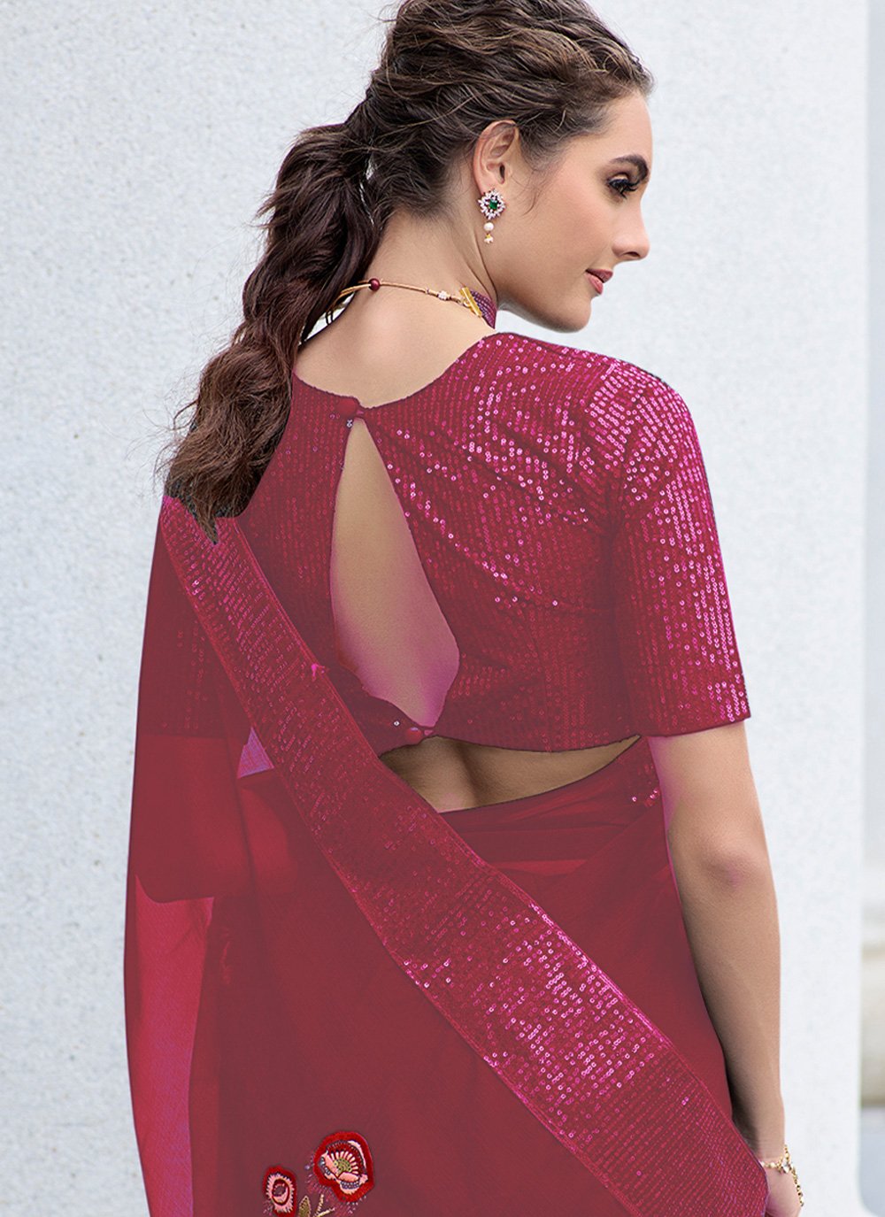 Classic Georgette Hot Pink Embroidered Saree