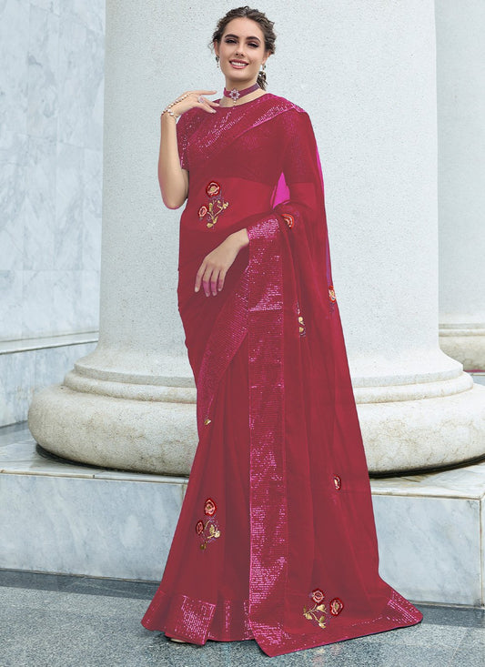 Classic Georgette Hot Pink Embroidered Saree