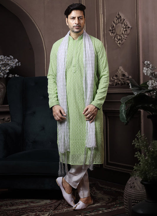 Kurta Pyjama Georgette Lucknowi Green Embroidered Mens