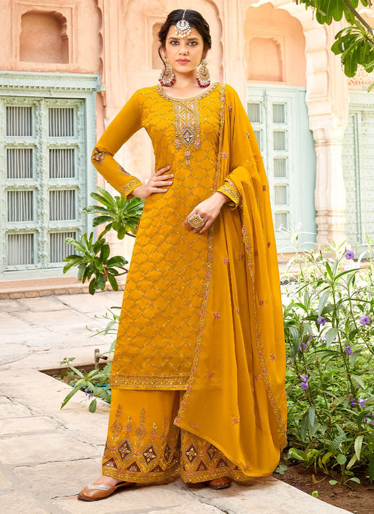 Floor Lenght Salwar Suit Georgette Mustard Embroidered Salwar Kameez