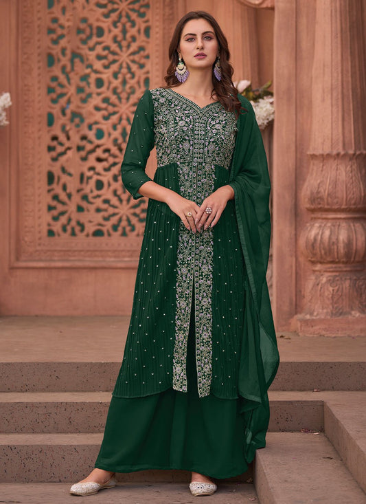 Floor Lenght Salwar Suit Georgette Green Embroidered Salwar Kameez