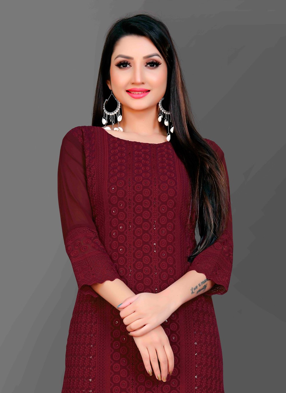 Designer Kurti Chiffon Georgette Maroon Embroidered Kurtis