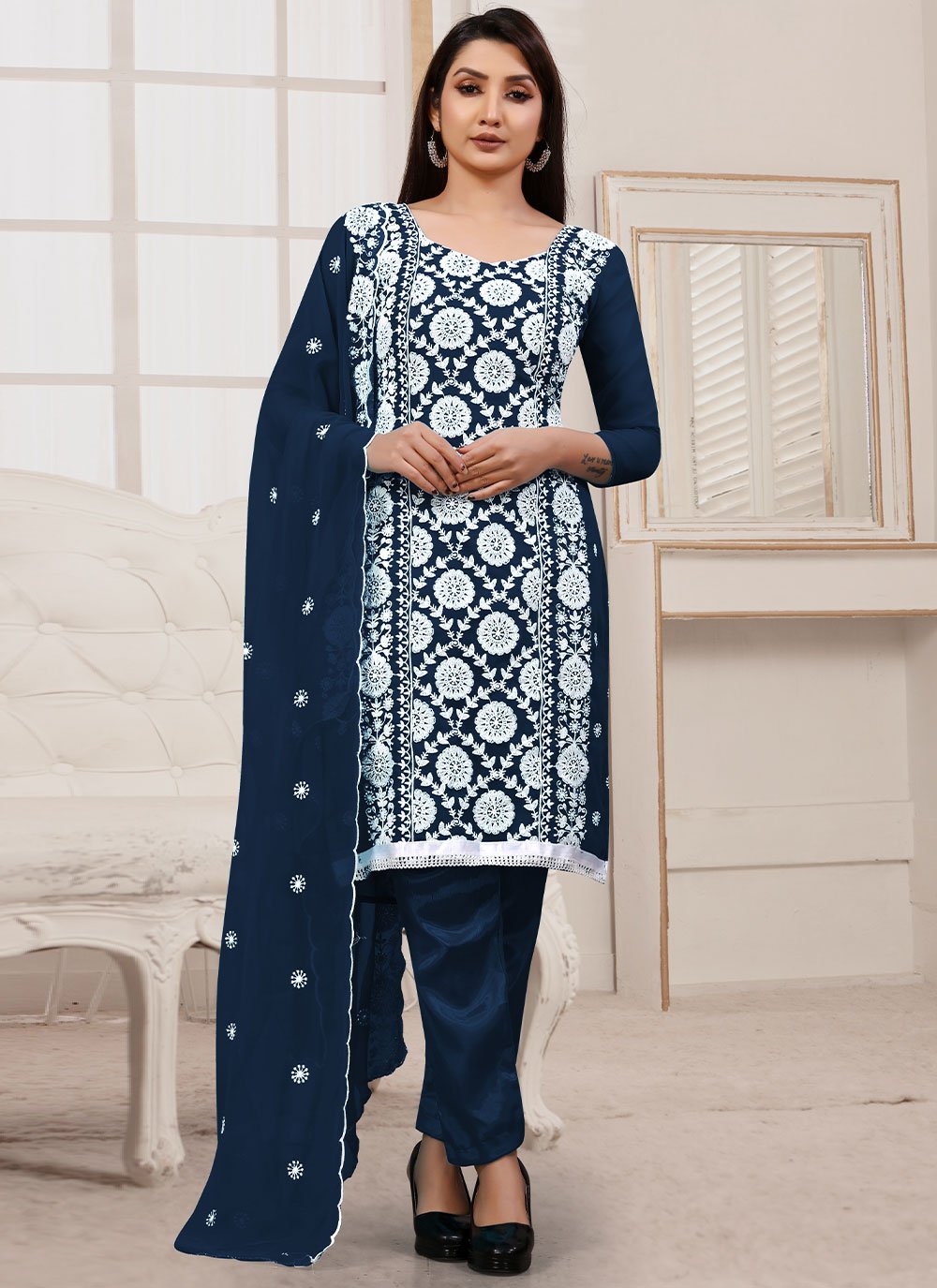 Straight Salwar Suit Georgette Blue Embroidered Salwar Kameez