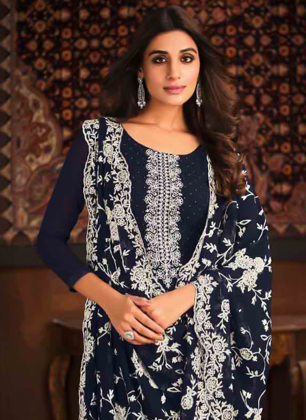 Designer Straight Salwar Suit Georgette Blue Embroidered Salwar Kameez