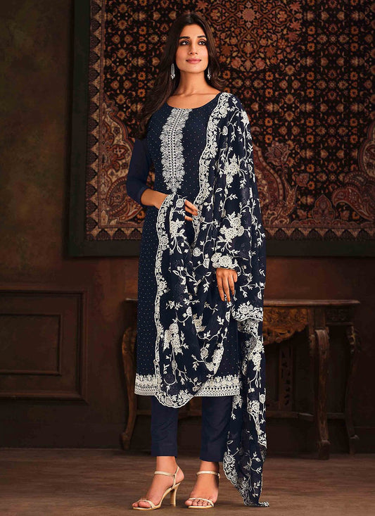 Designer Straight Salwar Suit Georgette Blue Embroidered Salwar Kameez