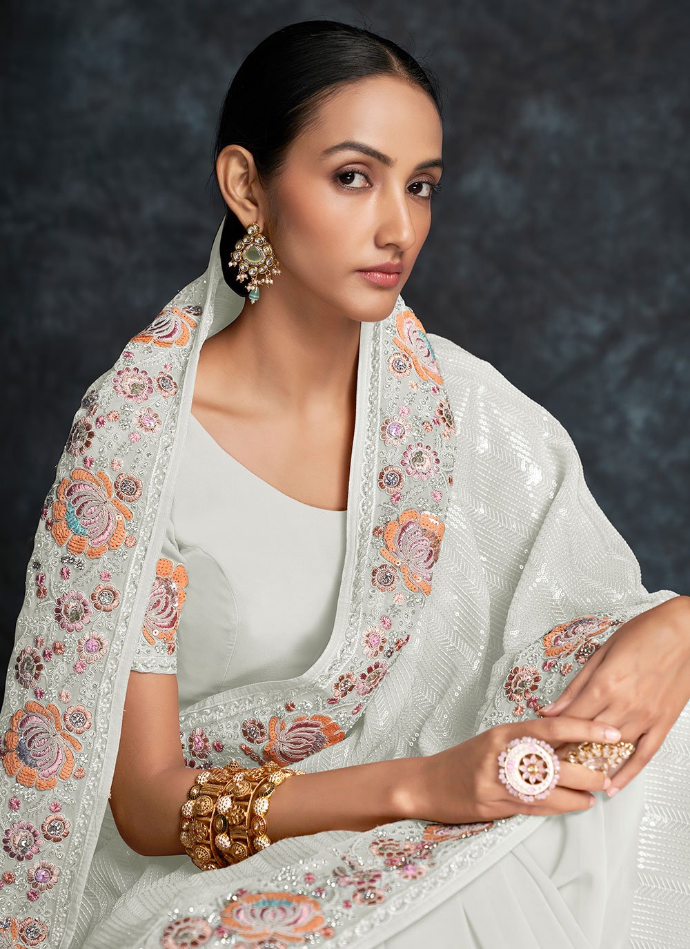 Contemporary Georgette Off White Embroidered Saree