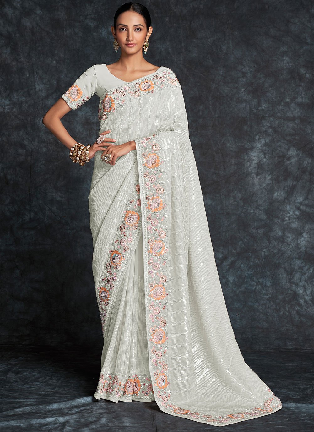 Contemporary Georgette Off White Embroidered Saree