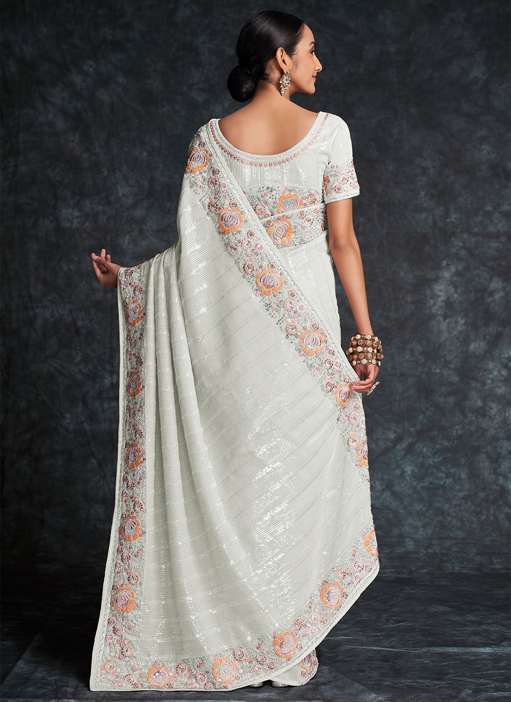 Contemporary Georgette Off White Embroidered Saree