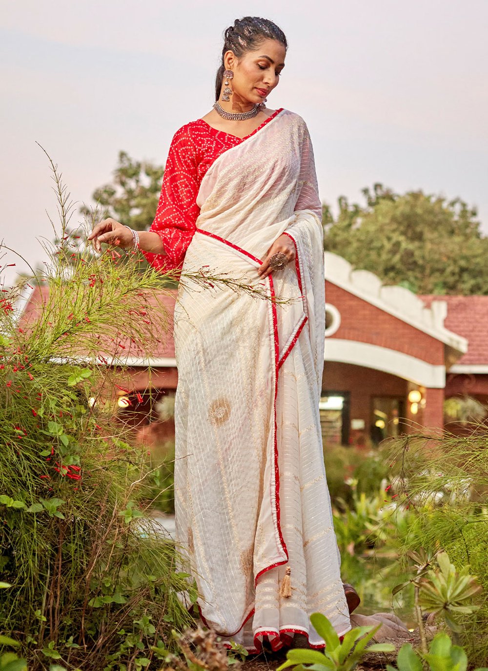 Contemporary Georgette Off White Embroidered Saree