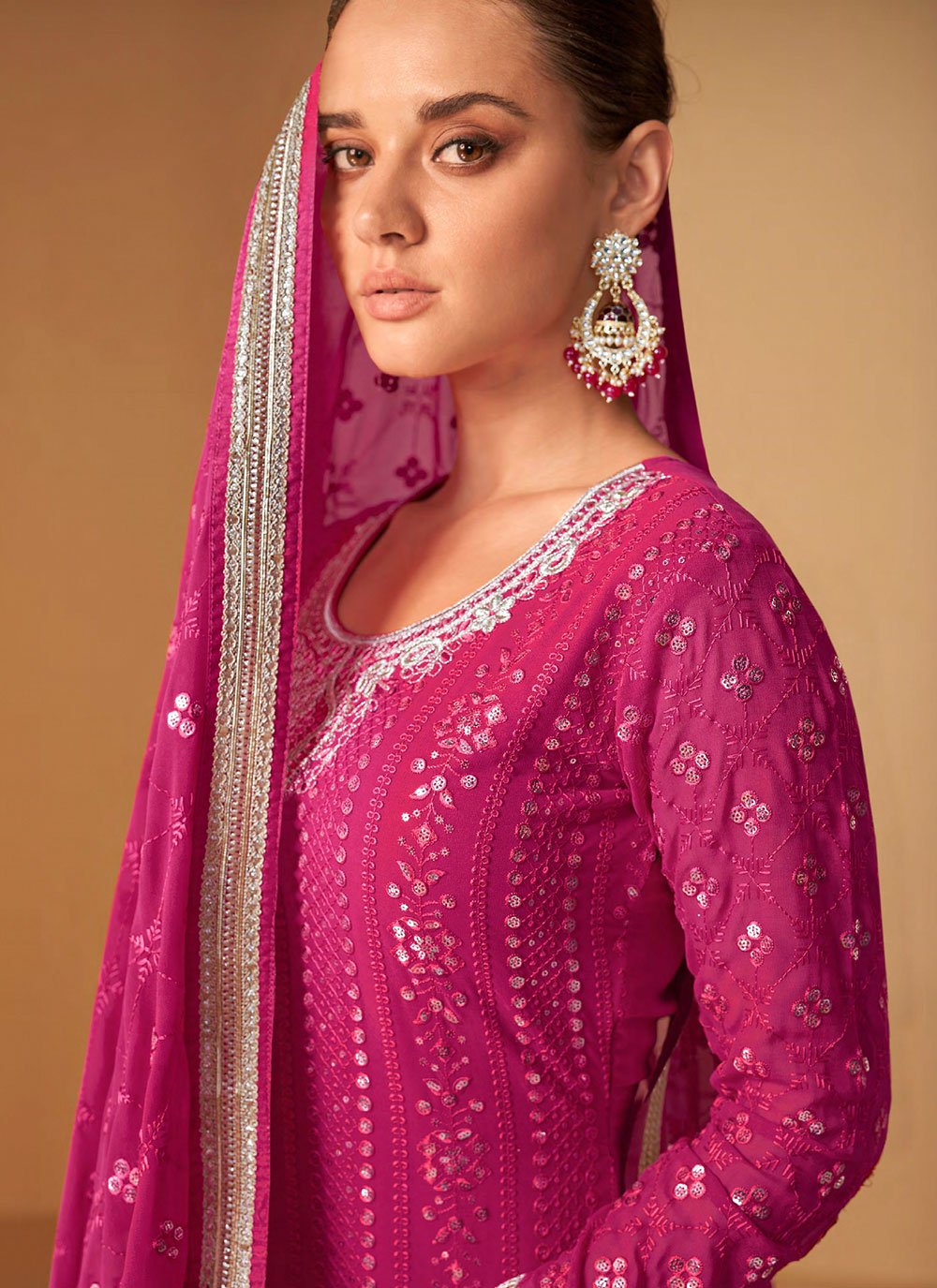 Palazzo Salwar Suit Georgette Hot Pink Embroidered Salwar Kameez