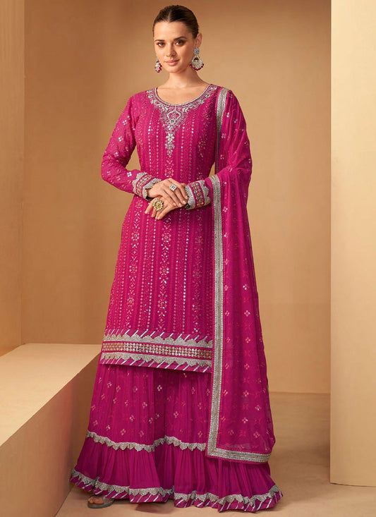 Palazzo Salwar Suit Georgette Hot Pink Embroidered Salwar Kameez