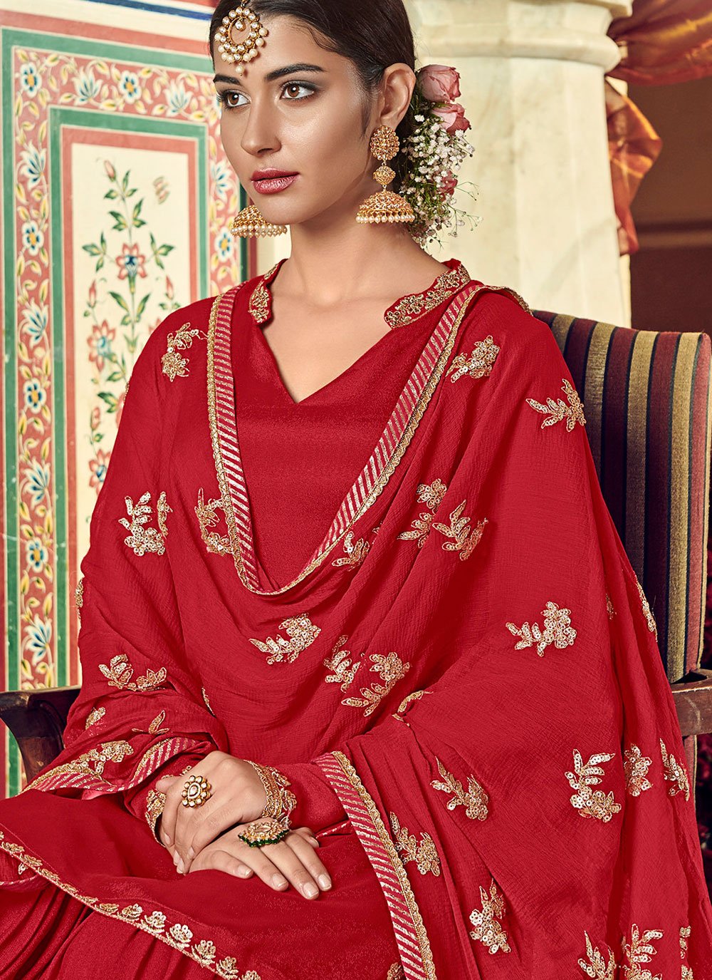 Palazzo Salwar Suit Georgette Red Embroidered Salwar Kameez