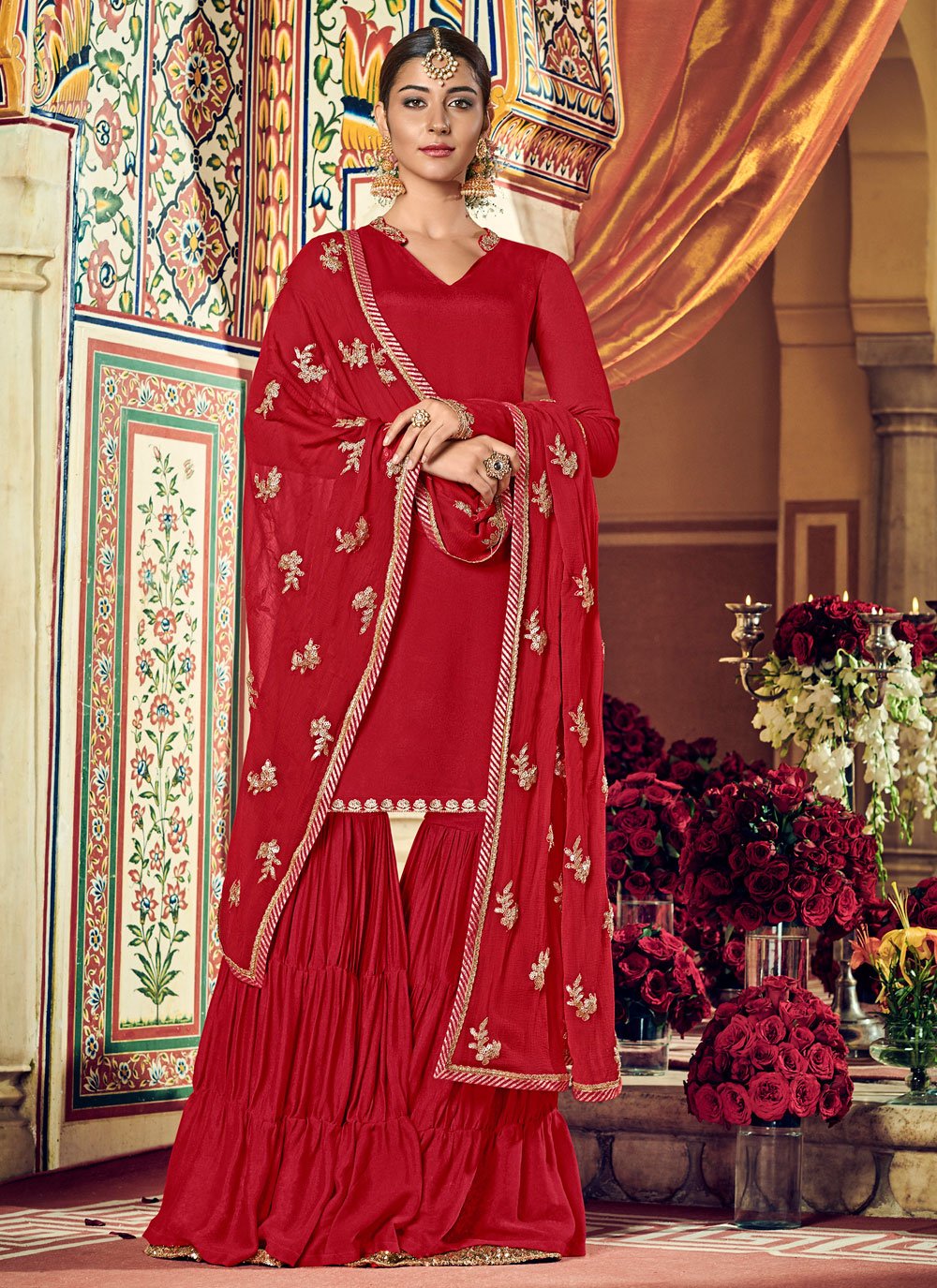 Palazzo Salwar Suit Georgette Red Embroidered Salwar Kameez