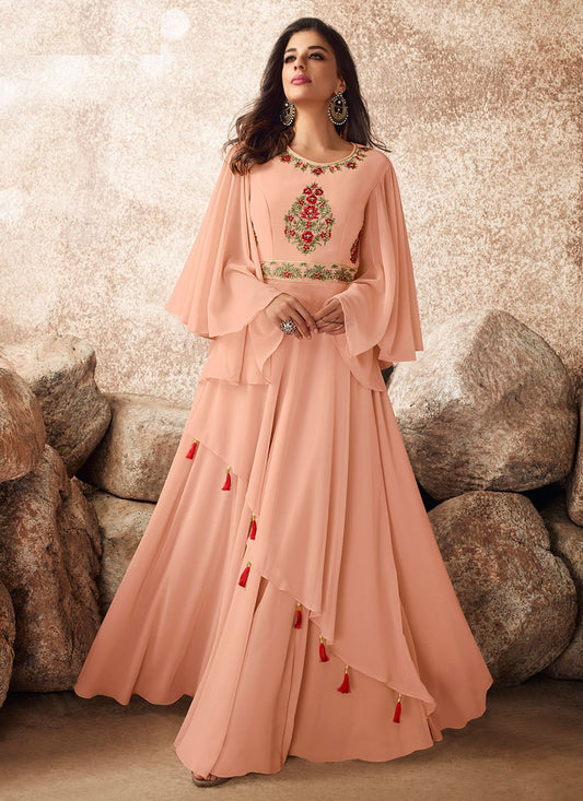 Gown Georgette Peach Embroidered Gown