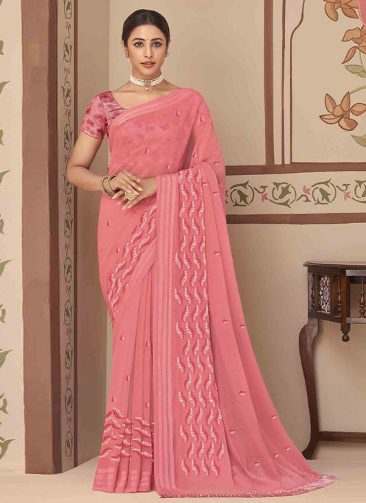 Trendy Saree Georgette Peach Embroidered Saree