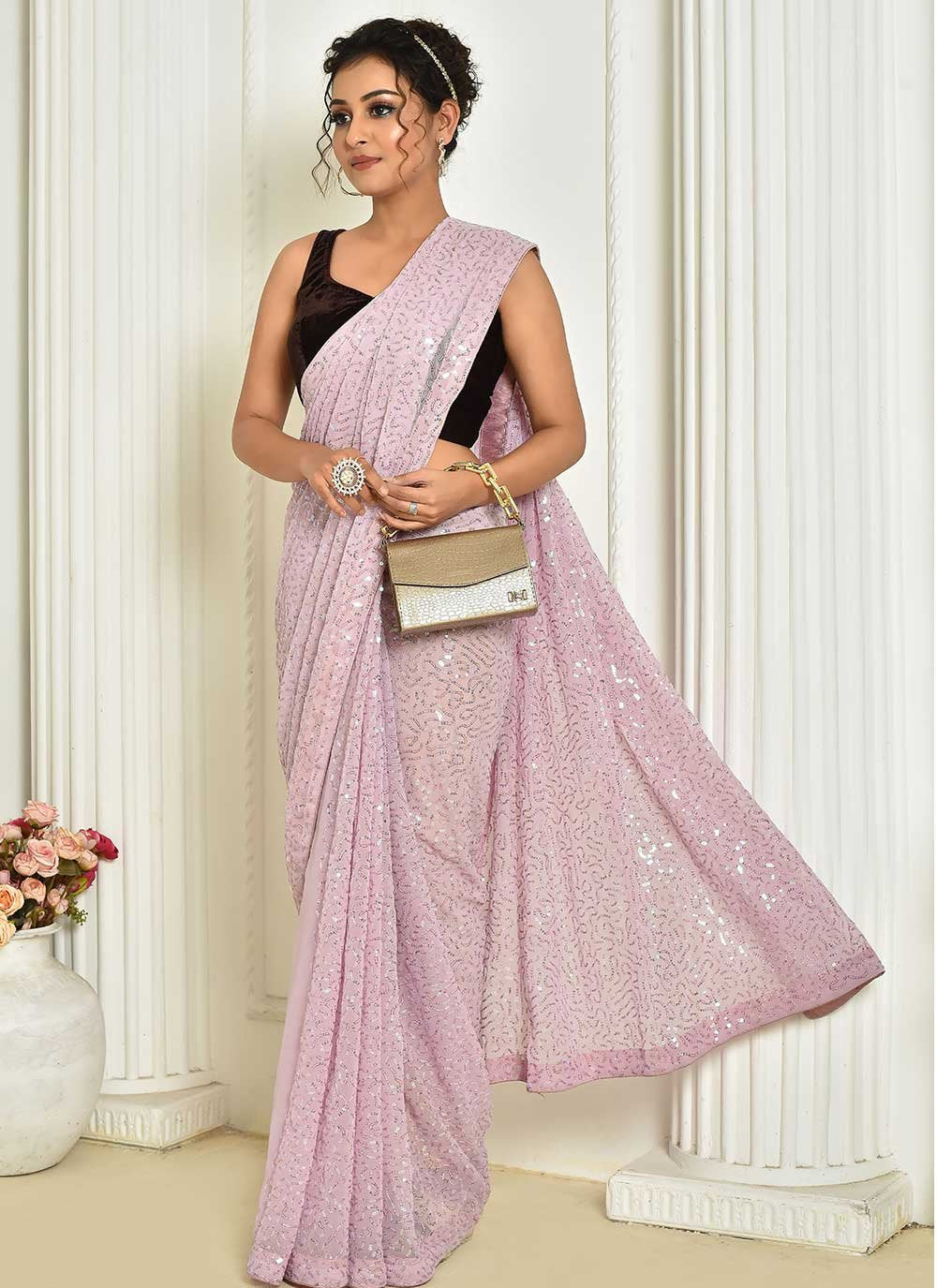 Designer Georgette Pink Embroidered Saree