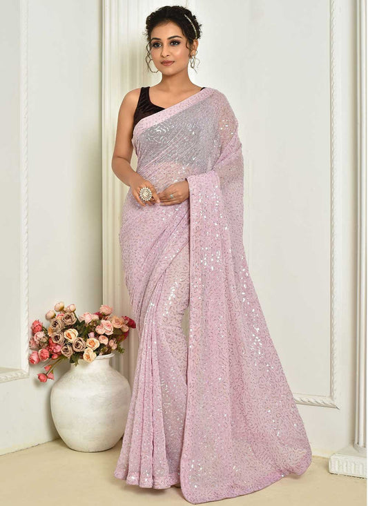 Designer Georgette Pink Embroidered Saree