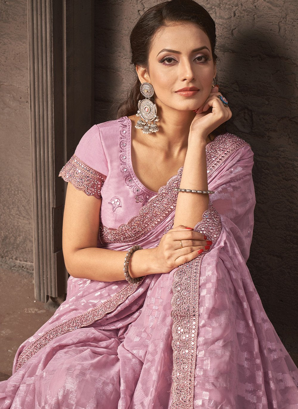 Classic Georgette Jacquard Pink Embroidered Saree