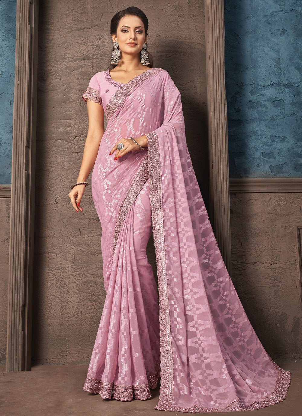 Classic Georgette Jacquard Pink Embroidered Saree