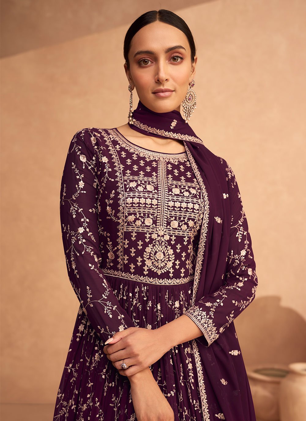 Gown Georgette Purple Embroidered Gown