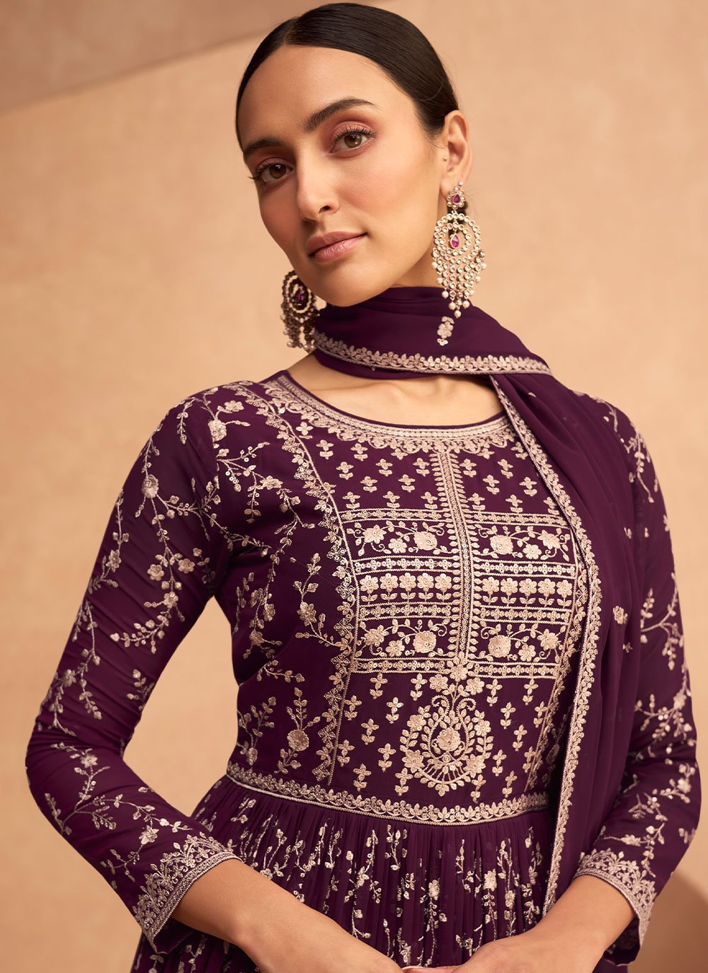 Gown Georgette Purple Embroidered Gown