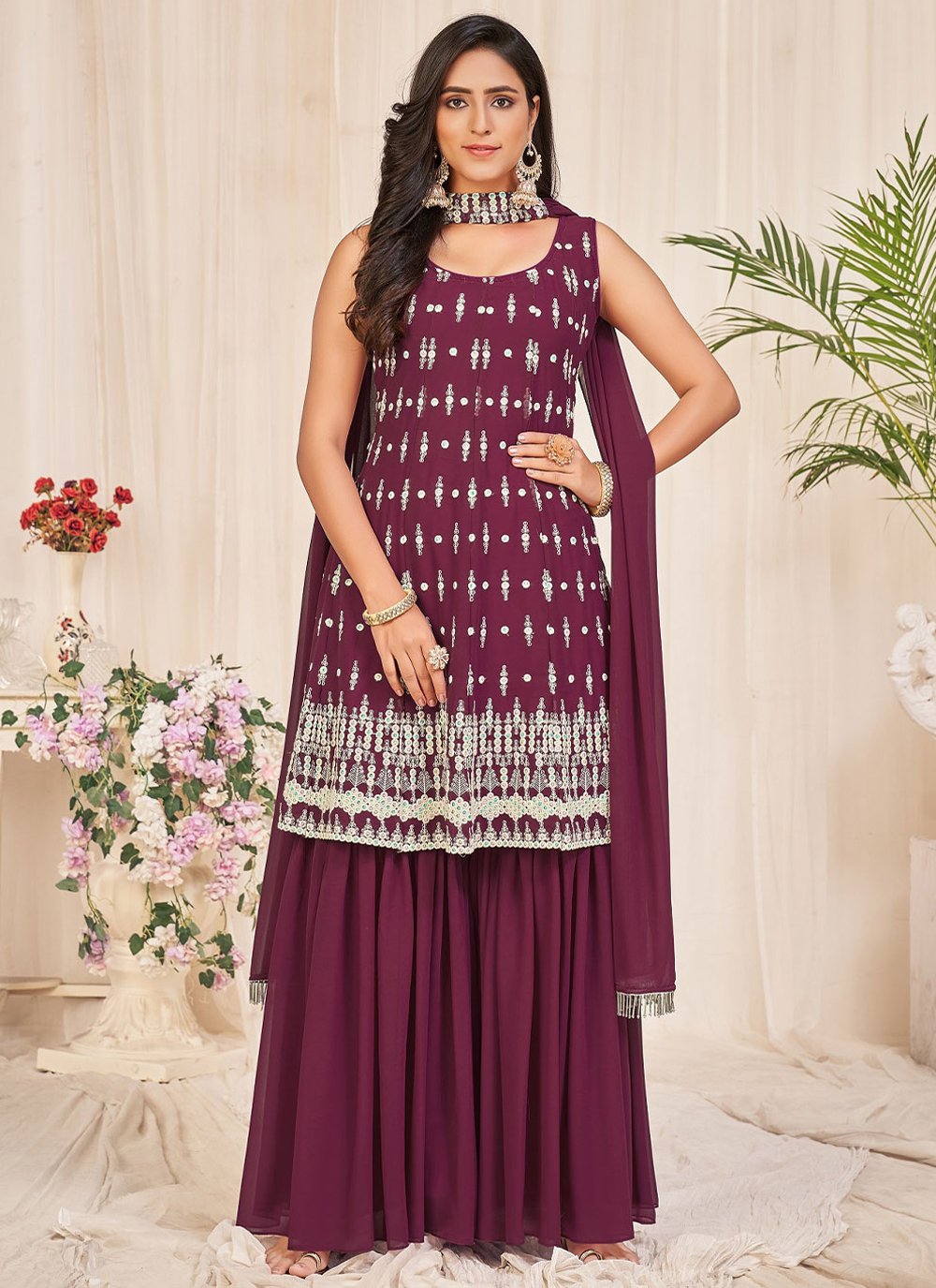 Salwar Suit Georgette Purple Embroidered Salwar Kameez