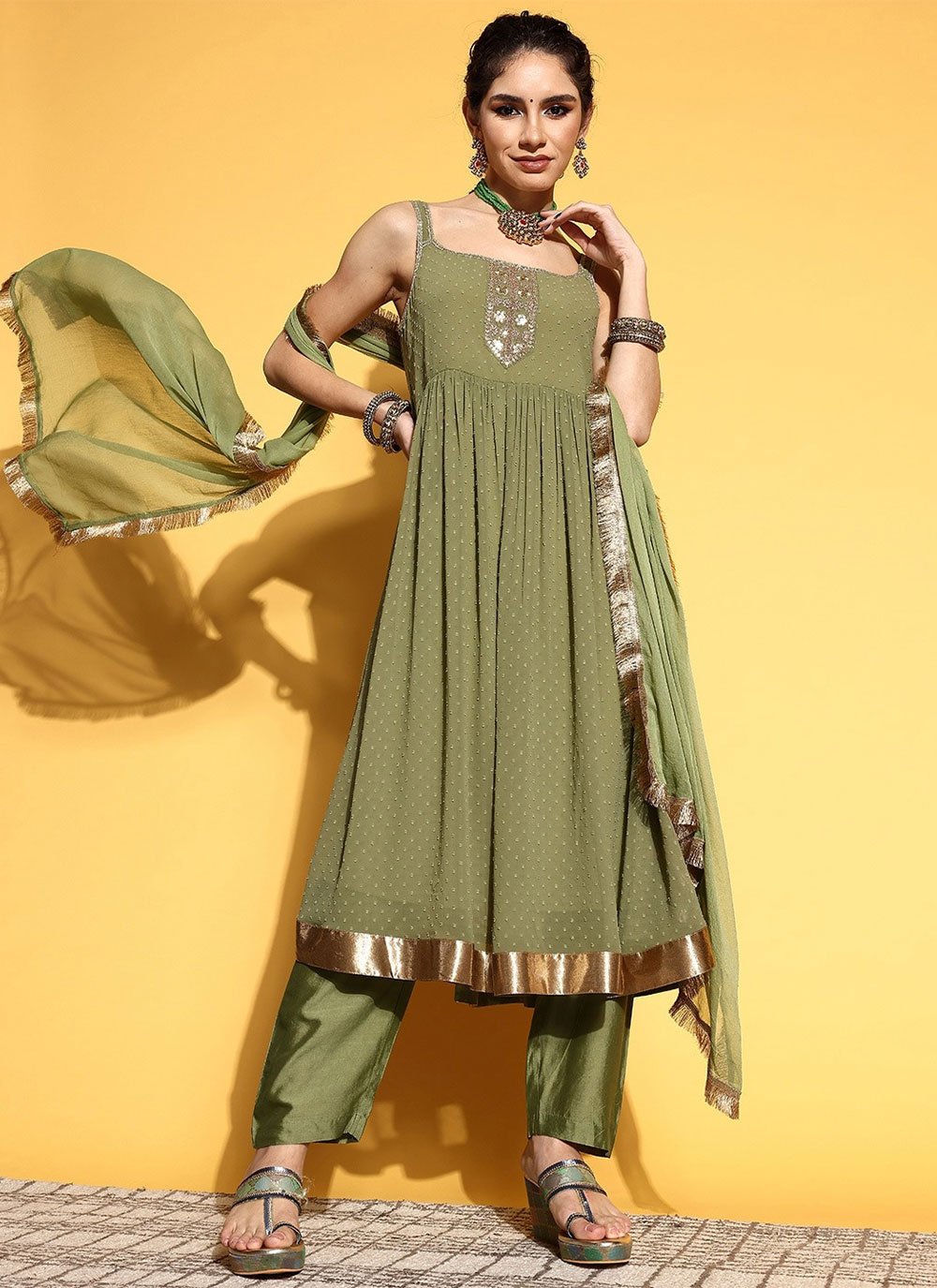 Salwar Suit Georgette Green Embroidered Salwar Kameez
