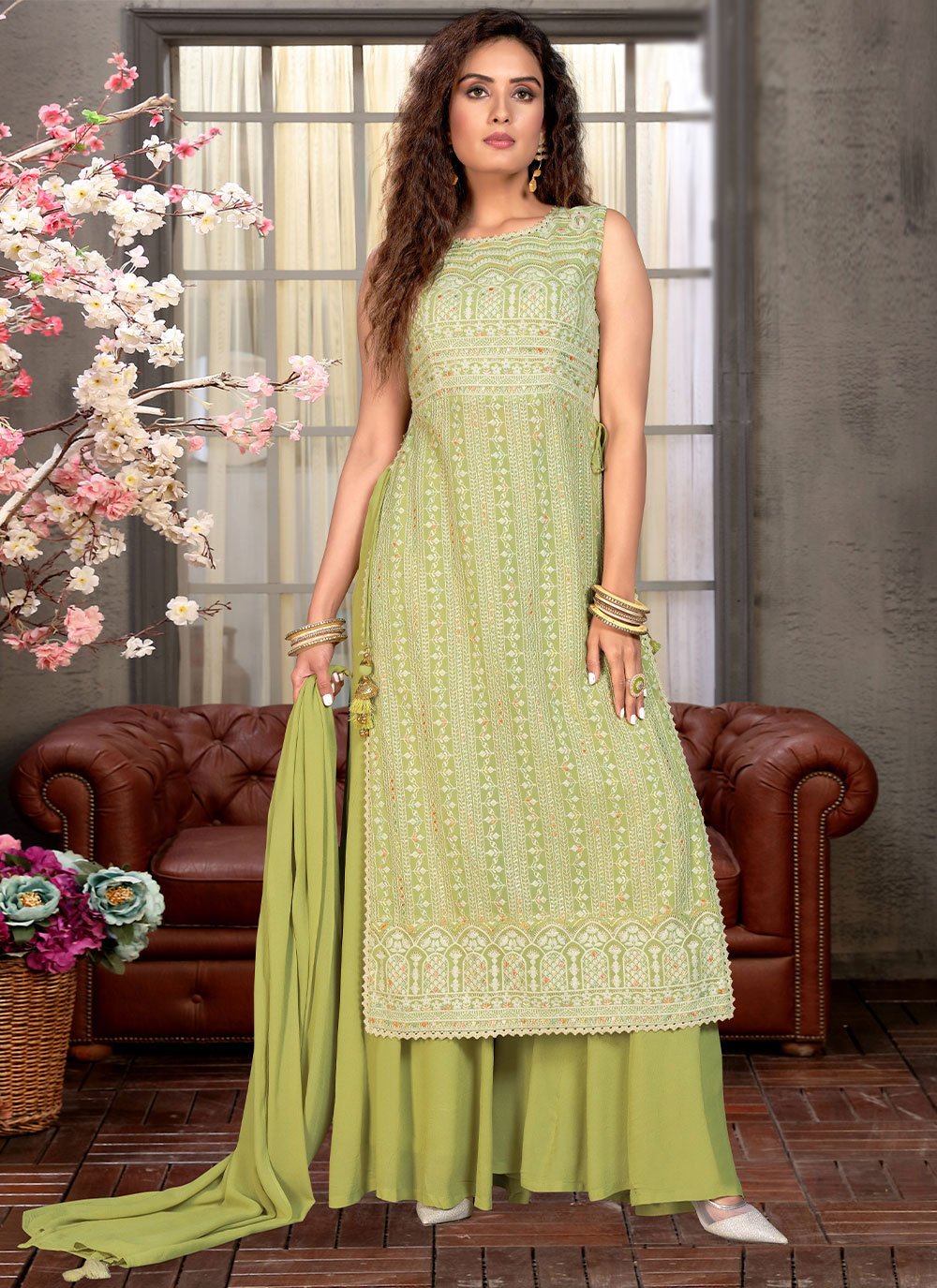 Salwar Suit Georgette Green Embroidered Salwar Kameez