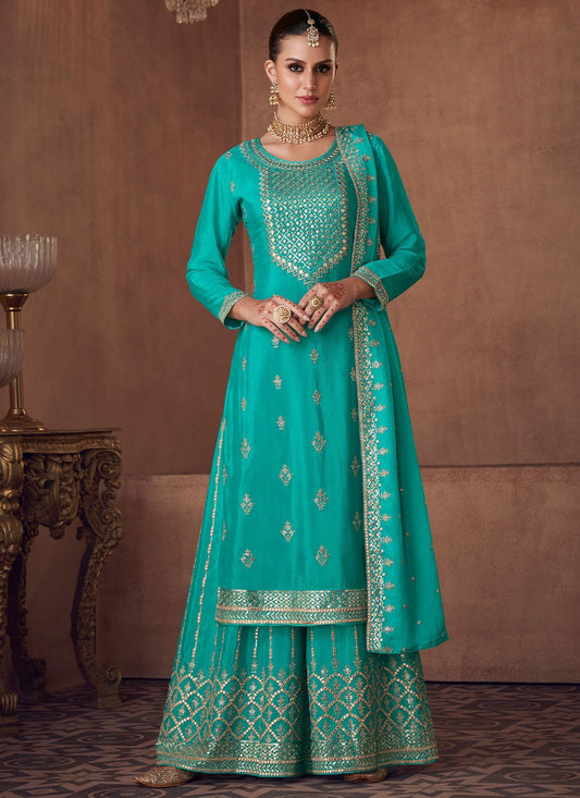 Salwar Suit Chinon Georgette Blue Embroidered Salwar Kameez