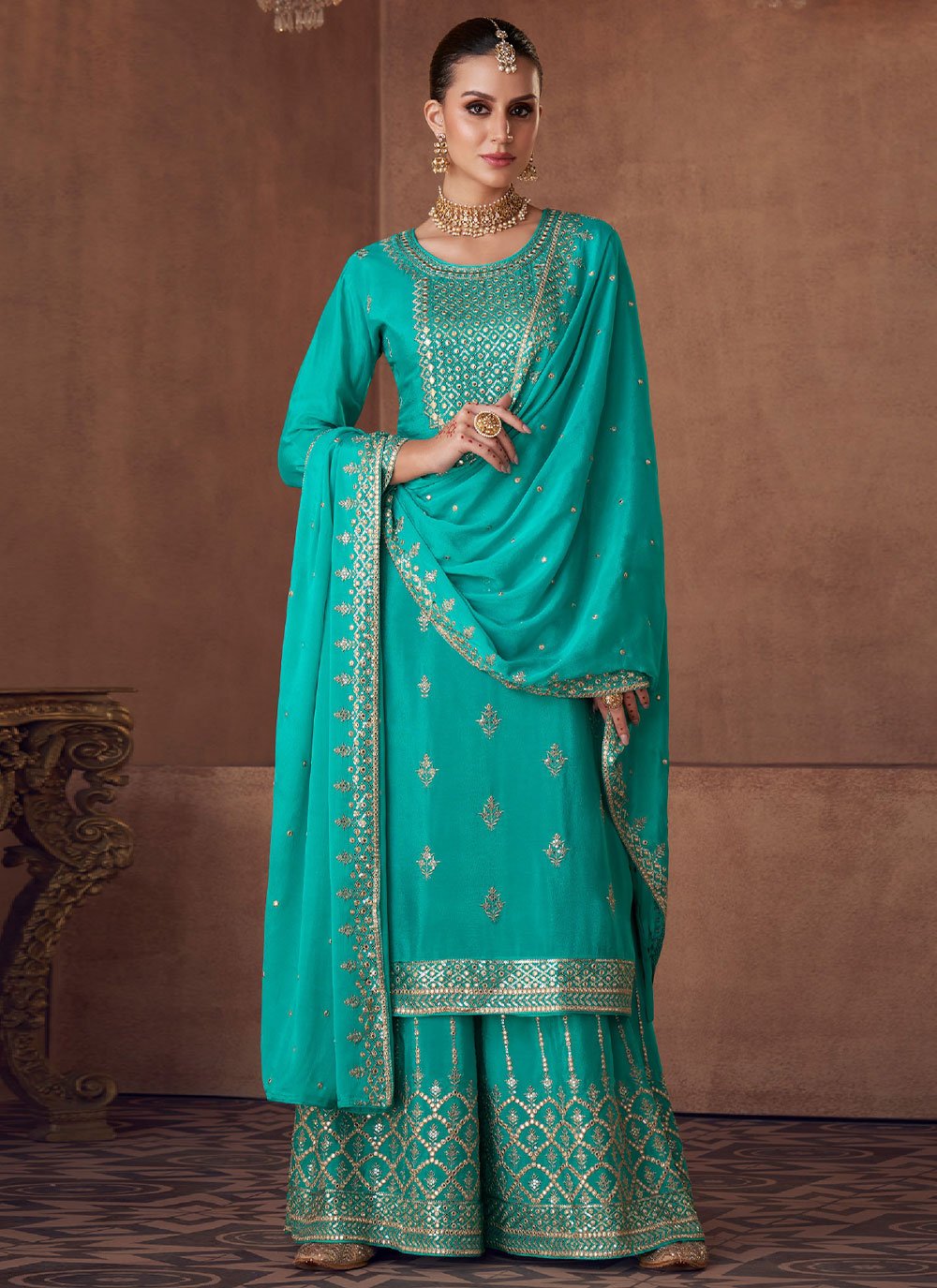 Salwar Suit Chinon Georgette Blue Embroidered Salwar Kameez