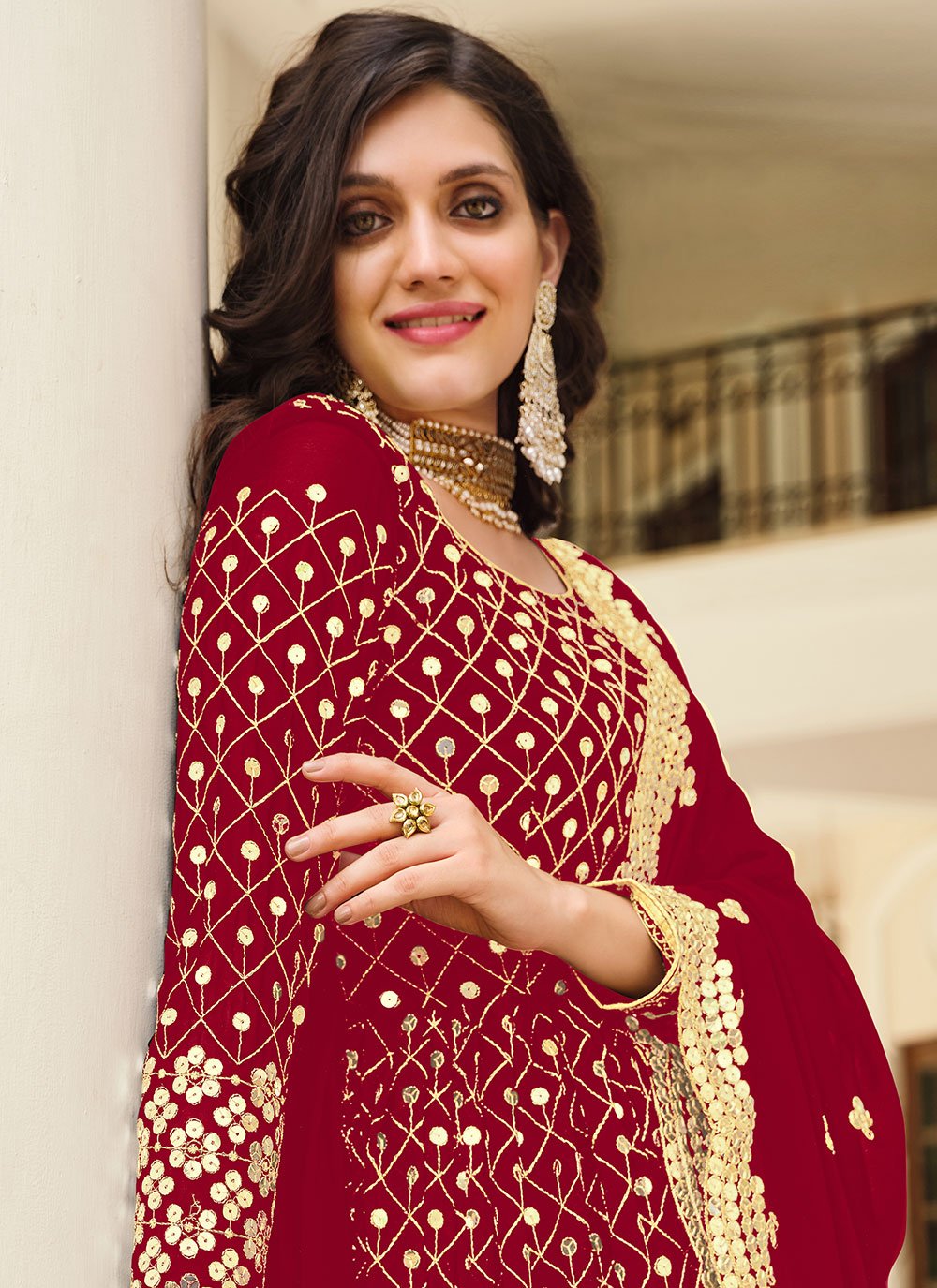 Anarkali Suit Georgette Red Embroidered Salwar Kameez