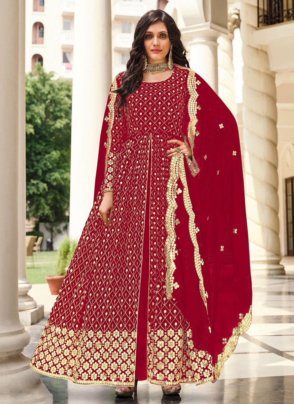 Anarkali Suit Georgette Red Embroidered Salwar Kameez