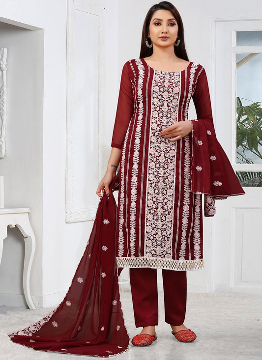 Salwar Suit Georgette Maroon Embroidered Salwar Kameez