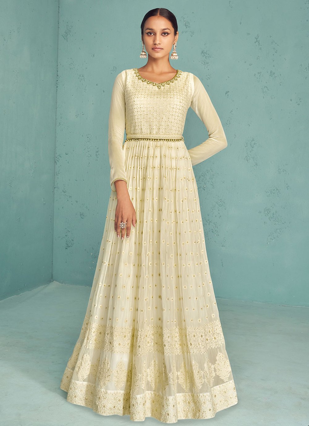 Salwar Suit Georgette Off White Embroidered Salwar Kameez