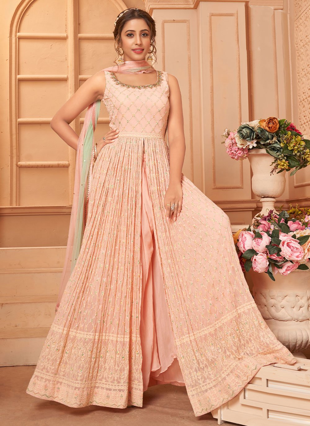 Salwar Suit Georgette Peach Embroidered Salwar Kameez