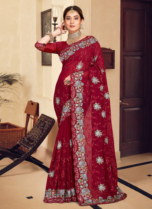 Traditional Saree Georgette Maroon Embroidered Saree