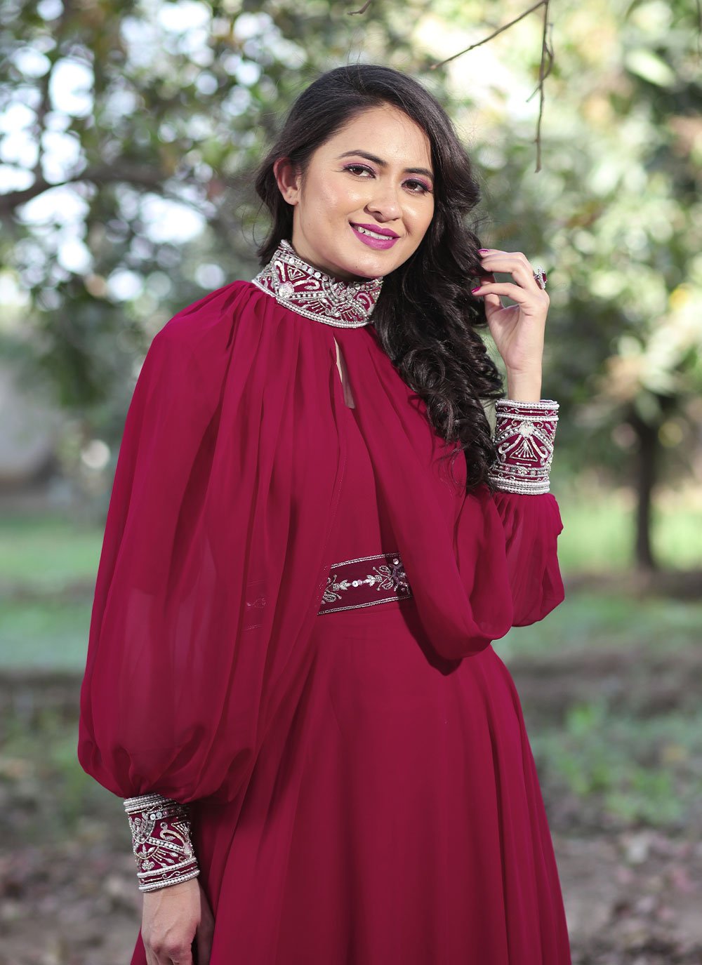 Gown Georgette Burgundy Buttons Gown