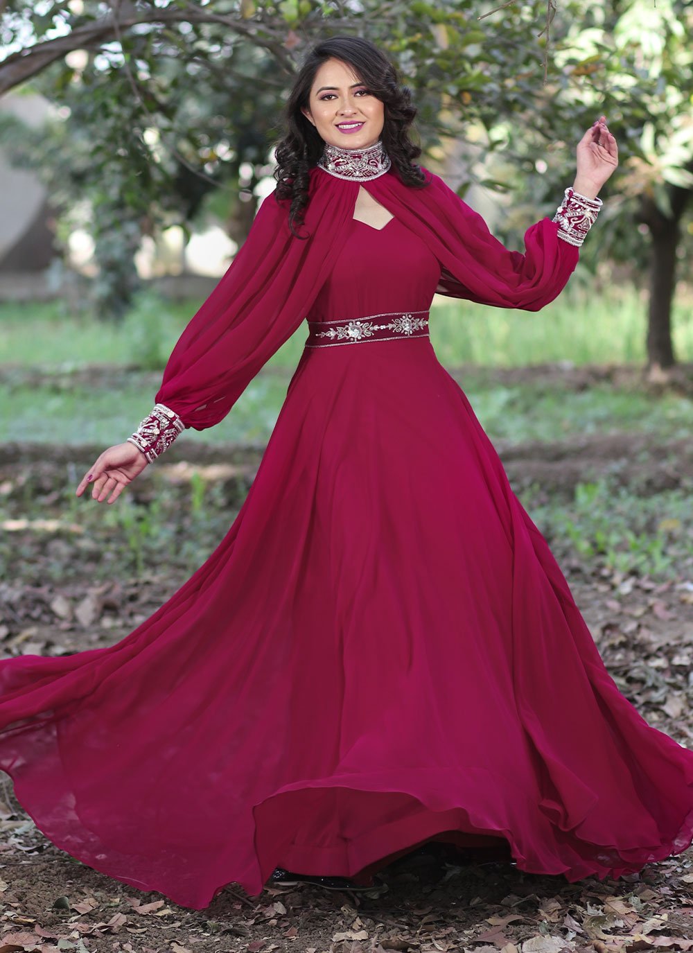Gown Georgette Burgundy Buttons Gown