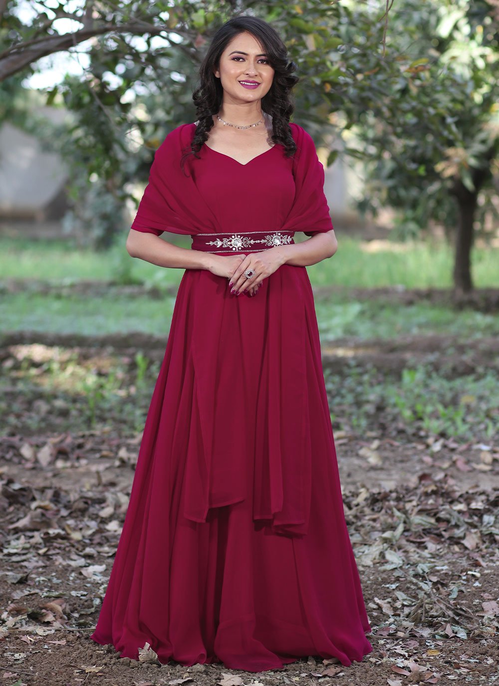 Gown Georgette Burgundy Buttons Gown