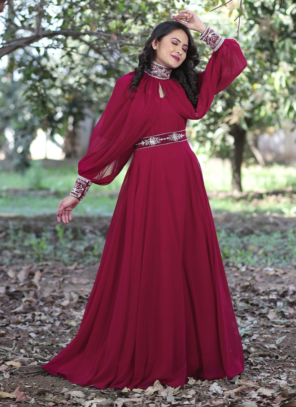 Gown Georgette Burgundy Buttons Gown