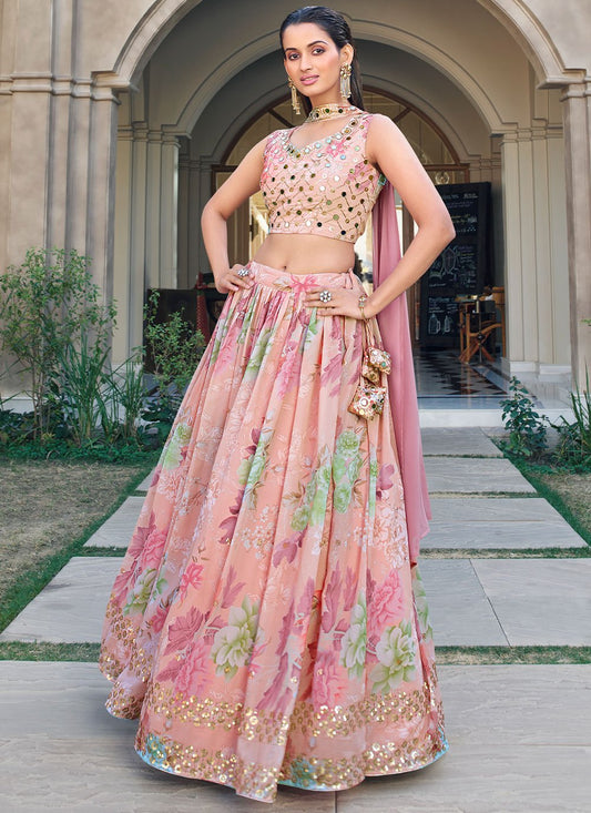 Lehenga Choli Georgette Peach Embroidered Lehenga Choli