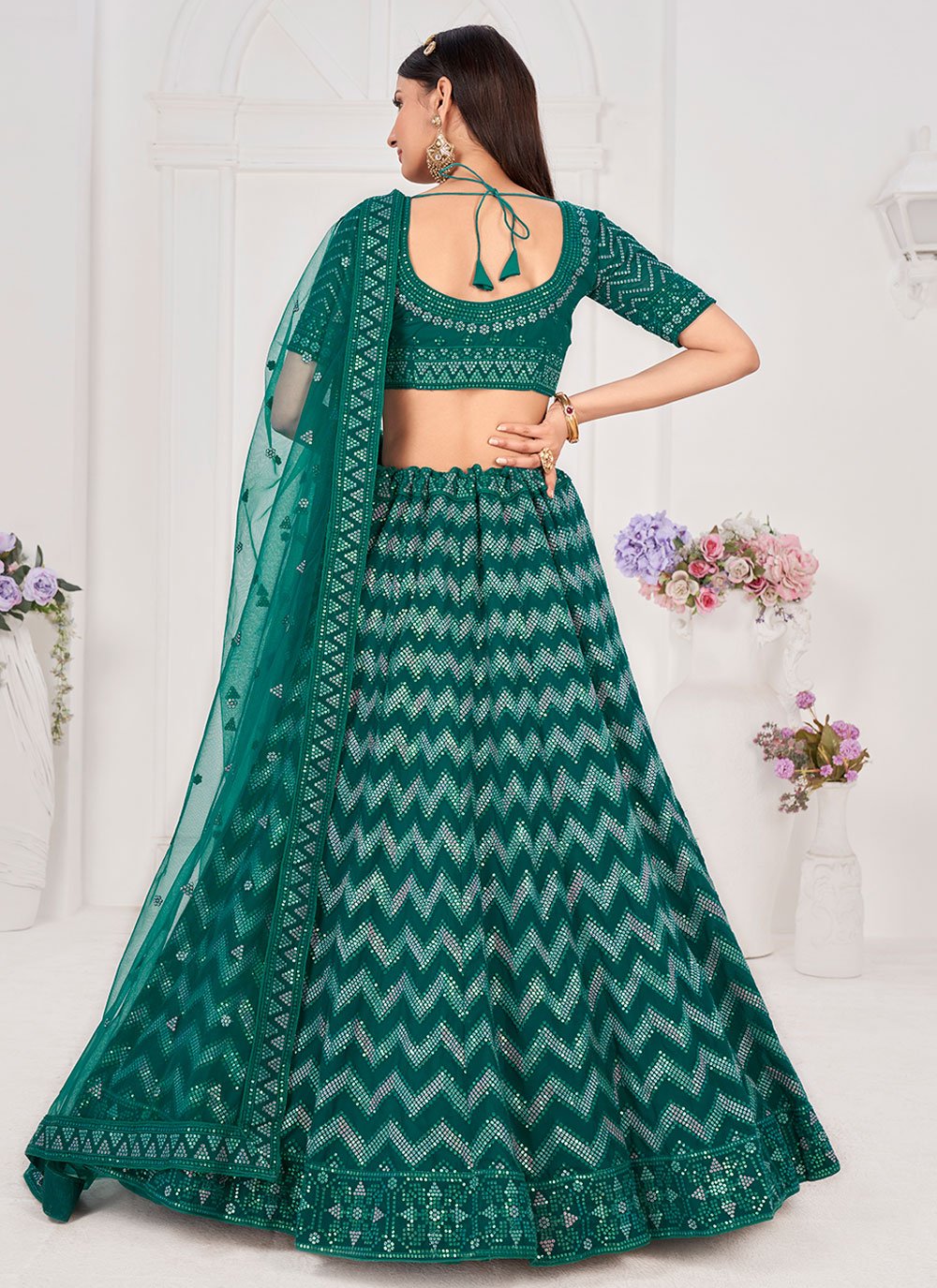 Lehenga Choli Georgette Rama Embroidered Lehenga Choli