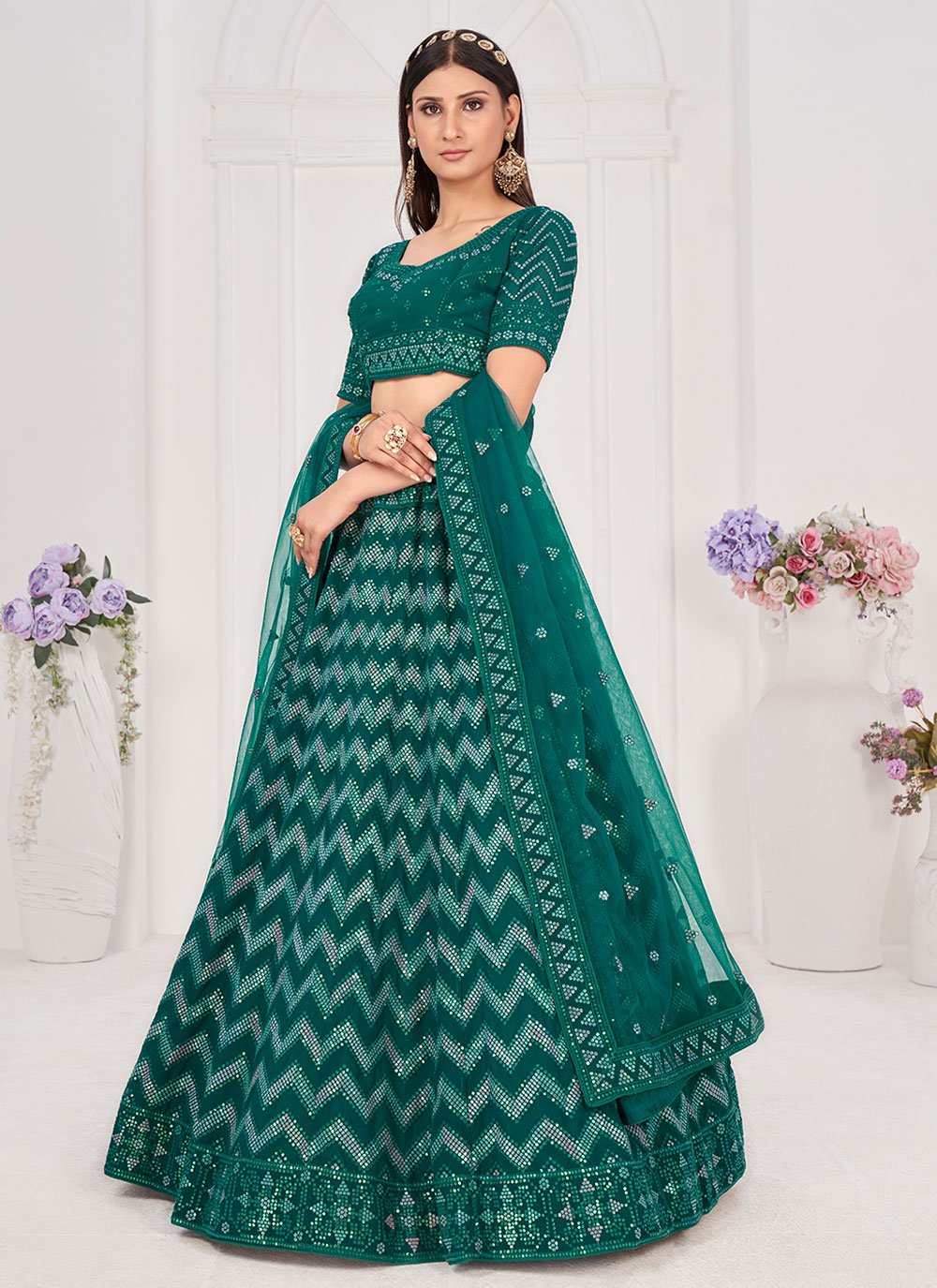 Lehenga Choli Georgette Rama Embroidered Lehenga Choli