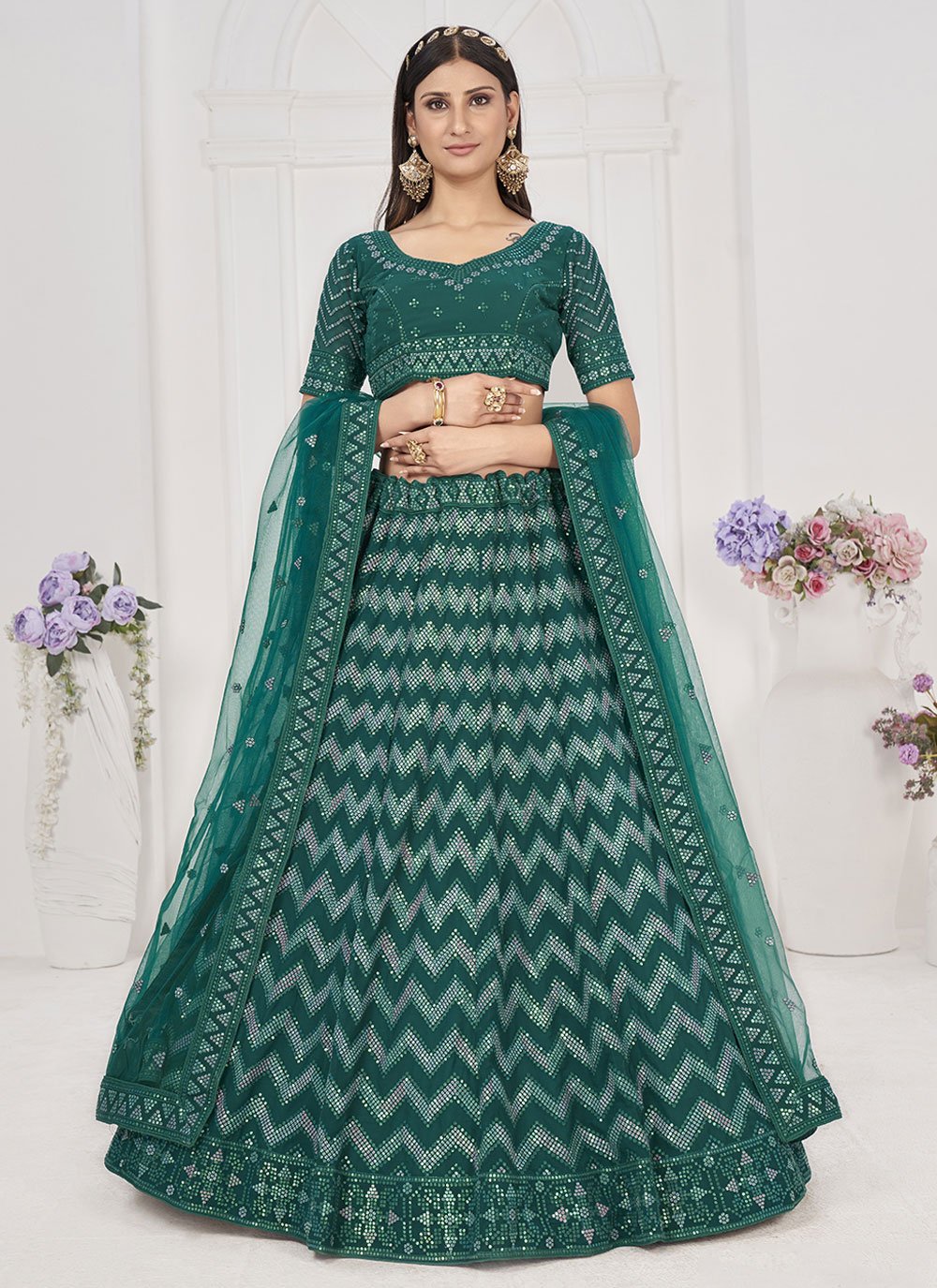 Lehenga Choli Georgette Rama Embroidered Lehenga Choli