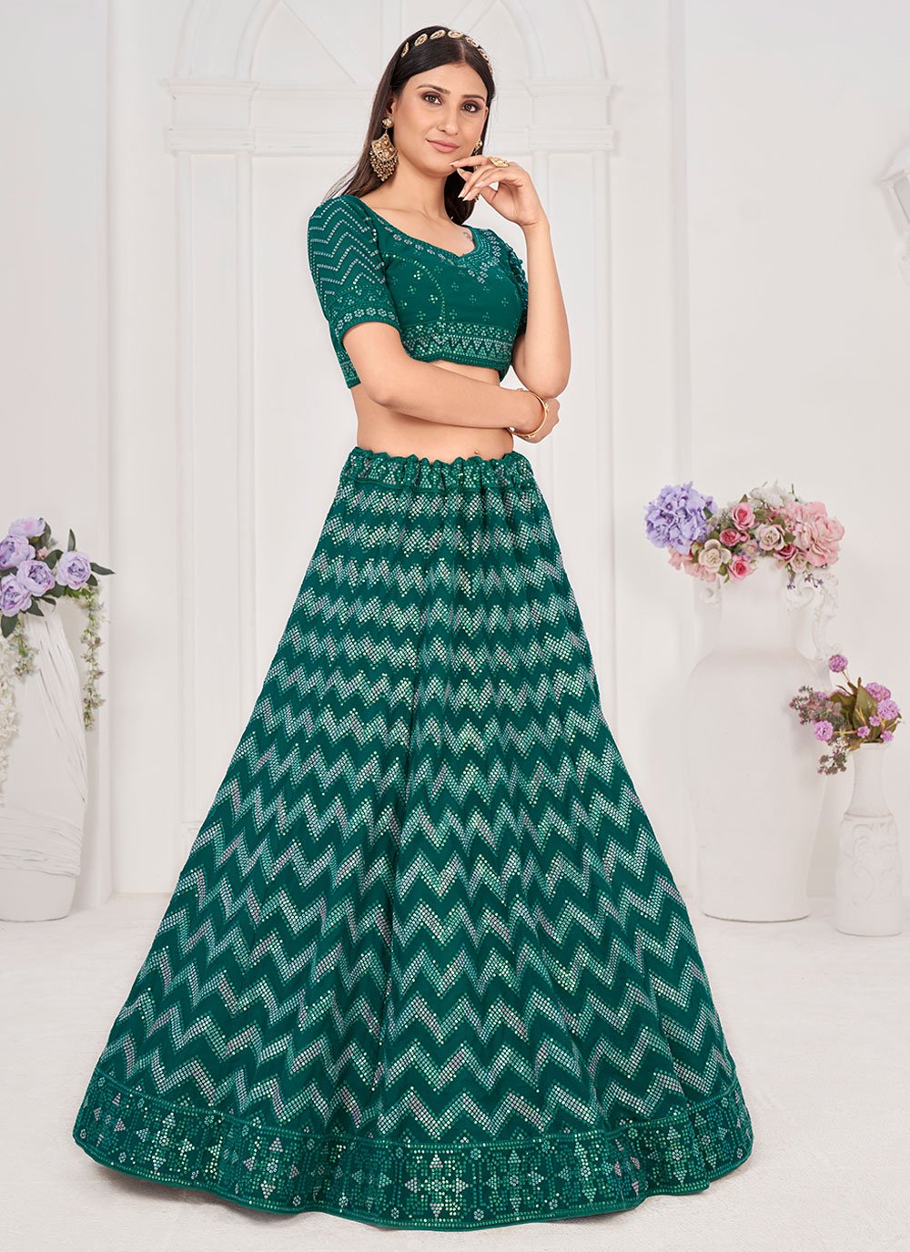 Lehenga Choli Georgette Rama Embroidered Lehenga Choli