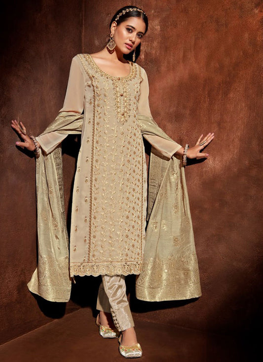 Salwar Suit Georgette Beige Embroidered Salwar Kameez