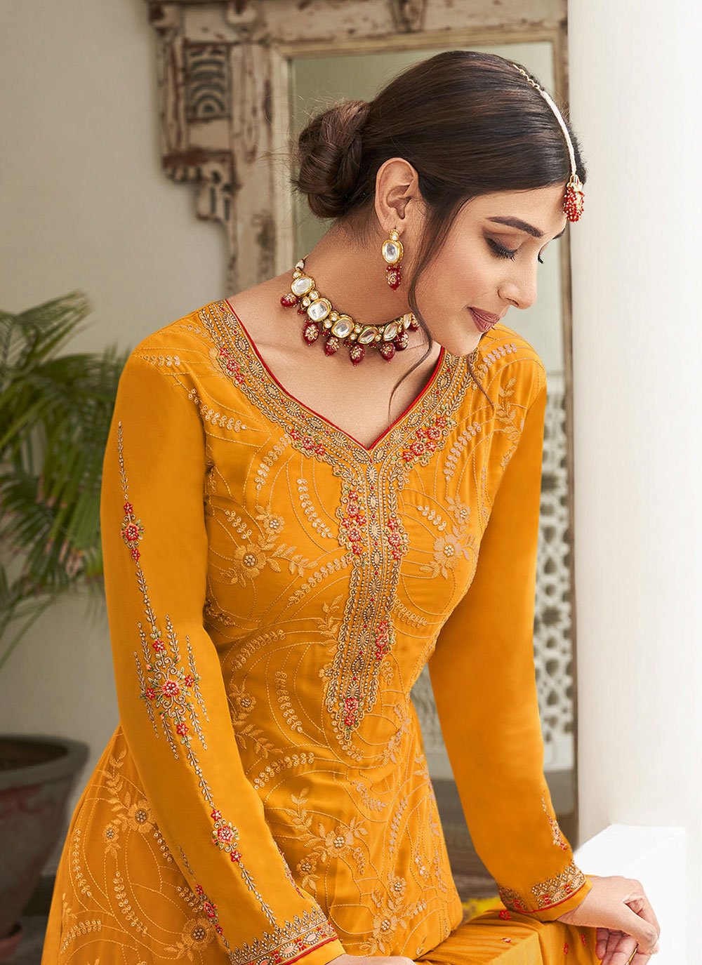 Salwar Suit Georgette Mustard Embroidered Salwar Kameez